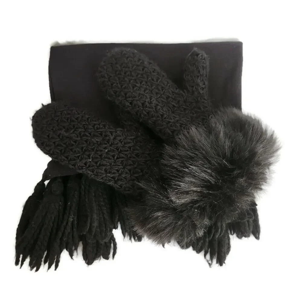 Surell Women's Black Mittens with Faux Fur Cuffs and Tasseled Black Scarf